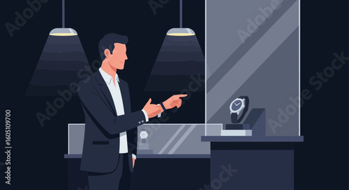 Elegant Man Admiring Luxury Watch Displayed in Store Window Showcase Design