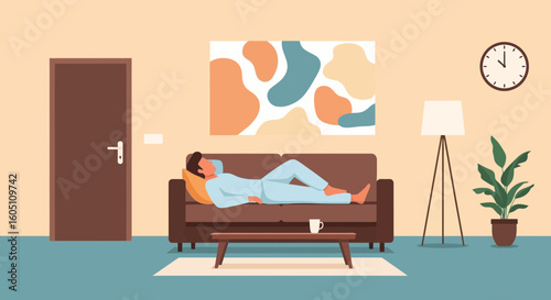 Cozy Relaxation Moment Man Resting on Sofa in Living Room Interior