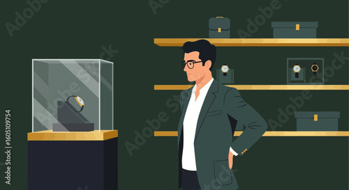 Elegant Man Contemplating Purchase Of A Luxury Timepiece In Boutique Store