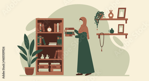 Elegant Muslim Woman Arranging Books on a Shelf In Her Home
