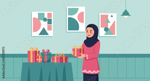 Elegant Muslim Woman Delivers Surprise Gifts In Modern Minimalist Interior