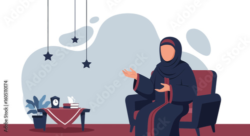 Elegant Muslim Woman Sitting In Comfortable Chair Indoor During Ramadan Season