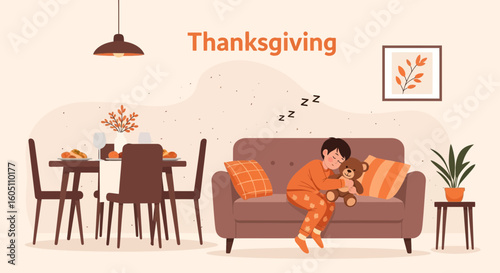 Cozy Thanksgiving Scene with Sleeping Child and Teddy Bear on Sofa