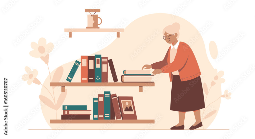 Fototapeta premium Elegant Senior Woman Arranging Books on Shelves in Her Cozy Home
