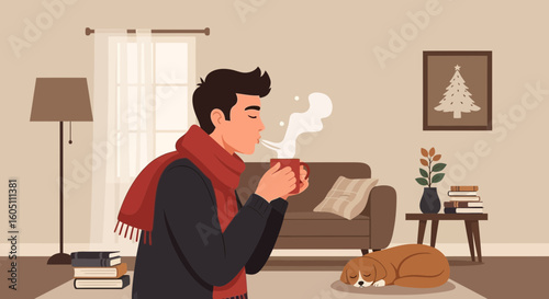 Cozy Winter Scene Man Blowing Hot Beverage With Sleeping Dog at Home