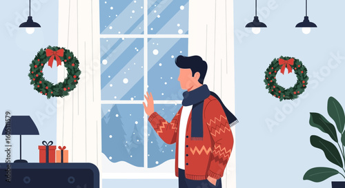 Cozy Winter Scene Man Watching Snowfall Through Window Christmas Decoration