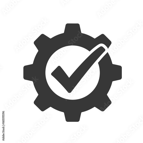 Black gear icon with a green checkmark inside a white circle representing successful operations and task completion