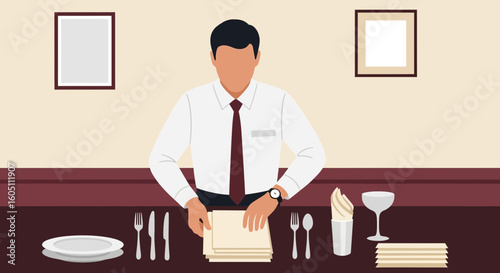 Elegant Waiter Preparing Table For Dinner Service In Upscale Restaurant