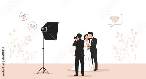 Elegant Wedding Photography Illustration with a Happy Couple and Photographer