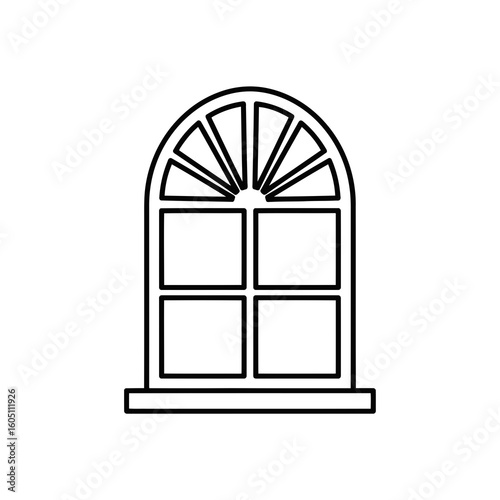 Simple line drawing of an arched window with multiple panes isolated on a white background