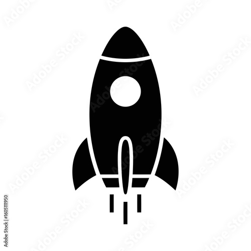 Black rocket ship icon with exhaust symbolizing launch space travel business startup and rapid progress