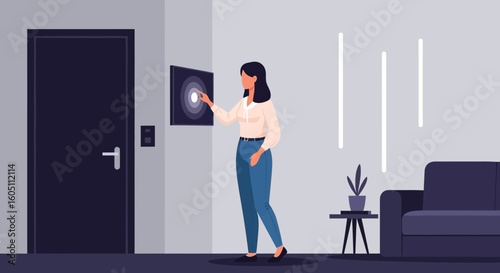 Elegant Woman Activates Smart Home System By Touching Screen Controller