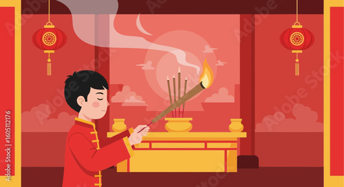 Celebrating Lunar New Year Man Lighting Incense Sticks In Traditional Chinese Home
