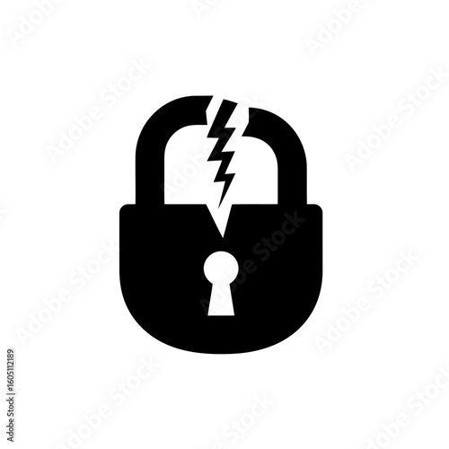 Black icon of a broken padlock with a lightning bolt symbolizing a security breach system failure or compromised data protection