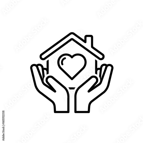Two cupped hands gently holding a house with a heart symbol inside representing home and care