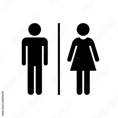 Black and white icon representing male and female figures commonly used as a symbol for public restrooms or gender facilities