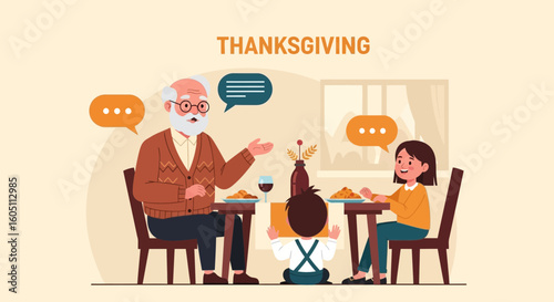 Family Gathered Around The Table During Thanksgiving Celebration Illustration
