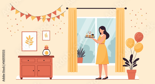 Elegant Woman Bringing Cupcakes To Celebrate Birthday At Home Party