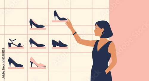Elegant Woman Browsing Stylish Footwear Selection In A Minimalist Boutique