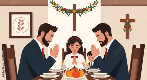 Family Gathered In Gratitude For Thanksgiving Dinner In Religious Setting