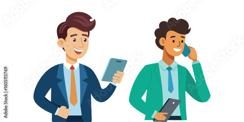 Entrepreneur making business call while holding tablet, professional business person talking on phone, modern digital workplace vector illustration, white background, clean design.