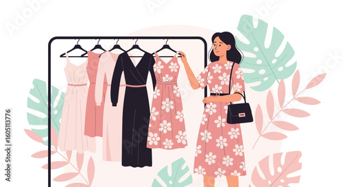 Elegant Woman Choosing Dress From Rack in Boutique Wardrobe with Tropical Leaves