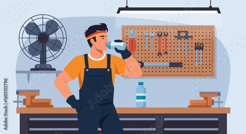 Craftsman Hydrating During Break In Workshop After Performing Manual Work