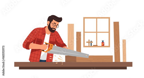 Craftsman In Workshop Cutting Lumber With Handsaw For Wooden Project