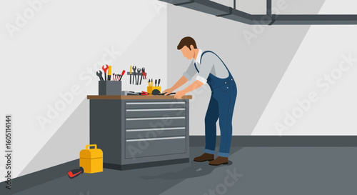 Craftsman Organizes Tools At Workbench In Workshop Or Garage Illustration