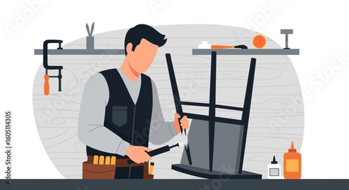 Craftsman Restoring Antique Furniture In His Workshop With Professional Tools