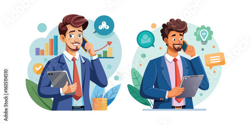 Entrepreneur making a business call while holding a tablet, modern professional communication, digital technology, startup business concept, confident young businessperson vector illustration.
