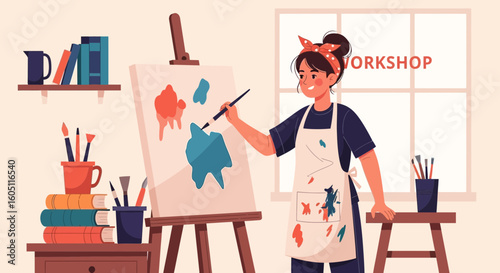 Creative Artist Workshop Woman Painting Vibrant Abstract Shapes on Canvas