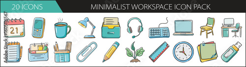 Minimalist Workspace Doodle Icon Set - Clean hand-drawn icon pack featuring office supplies, tech, and furniture—perfect for productivity apps, remote work setups, and organization themes.
