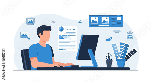 Creative Designer Working On Computer With Different Applications And Tools