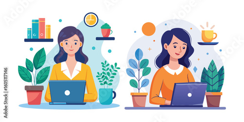 Female entrepreneur focused on laptop working remotely with coffee cup, modern businesswoman, startup owner, productivity, home office, digital nomad, professional woman vector illustration