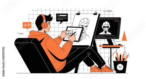 Creative Digital Artist At Work In Modern Studio With Computer And Tablet