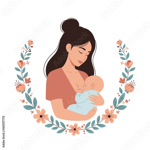 Mother in floral frame breastfeeding infant, elegant flat vector motherhood design
