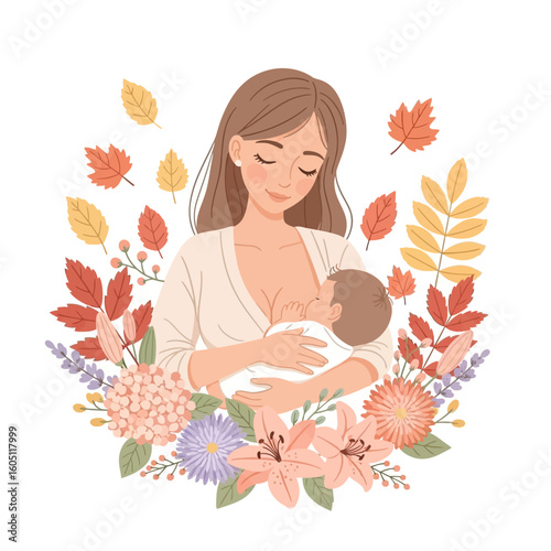 Mother in yellow dress breastfeeding with flowers around, emotional maternity art