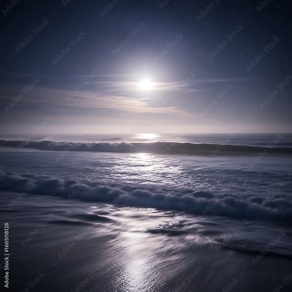 Fototapeta premium Moonlight illuminates the crashing waves at night.