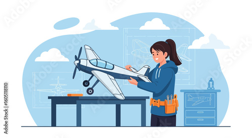 Creative Hobbyist Constructing a Model Airplane in Her Workshop Enthusiasm