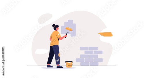 Creative Home Improvement Project Girl Painting Walls In Renovated Apartment
