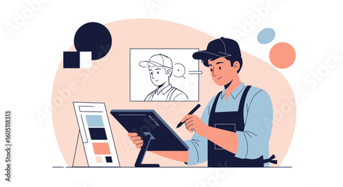 Creative Illustrator Man Working On Design Software for Client Project