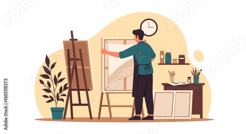 Creative Inspiration Artist Preparing Canvas For New Painting In Bright Studio