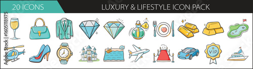Luxury and Lifestyle Doodle Icon Set - Elegant hand-drawn icon pack featuring diamonds, fashion, travel, and fine dining—perfect for luxury brands, lifestyle blogs, and high-end marketing.
