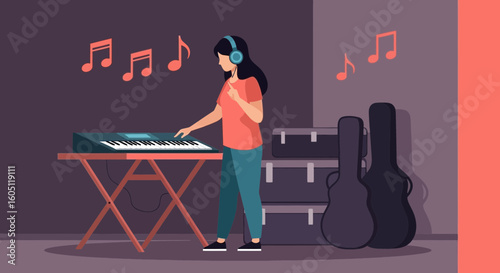 Creative Musician Composing Music on Synthesizer with Headphones in Studio