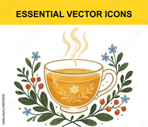 Glass teacup with floral decoration and steam beverage