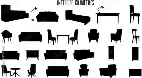 set of black vector various style furniture silhouettes
