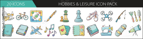 Hobbies and Leisure Activities Doodle Icon Set - Hand-drawn icon pack featuring creative, outdoor, and relaxing pastimes—perfect for lifestyle blogs, hobby shops, and personal enrichment content.
