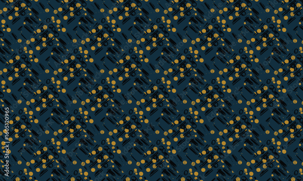 Fototapeta premium Scattered gold circles and black brush strokes abstract