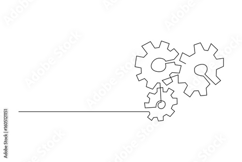 Continuous line art depicting gears interlocking It shows interconnectedness and mechanics White backdrop